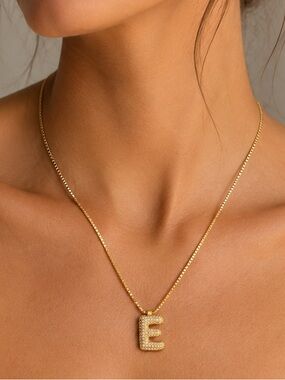 Gold Initial E Necklace 18K Gold Plated Stainless Steel CZ Letter Pendant Box Ch
